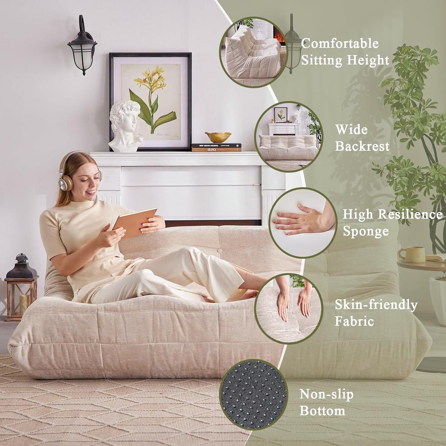 Bean Bag Chair, 3 Seater Fireside Chair Large Bean Bag Sofa for Adults, Memory Foam Chair Gaming Chairs with Comfy Design & Soft Fabric, Lazy Floor Sofa for Living Room, Bedroom, Beige