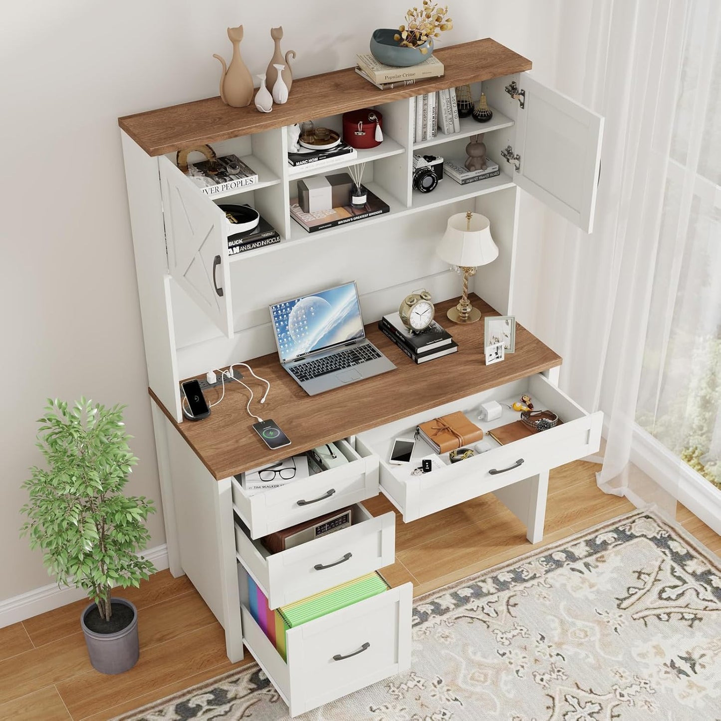 Farmhouse 67" H Executive Desk with Hutch,Office Table with 4 Drawers and LED Light, Computer Desk with Storage Cabinet & File Drawers and Charging Station, Wood Workstation for Home Office and Study