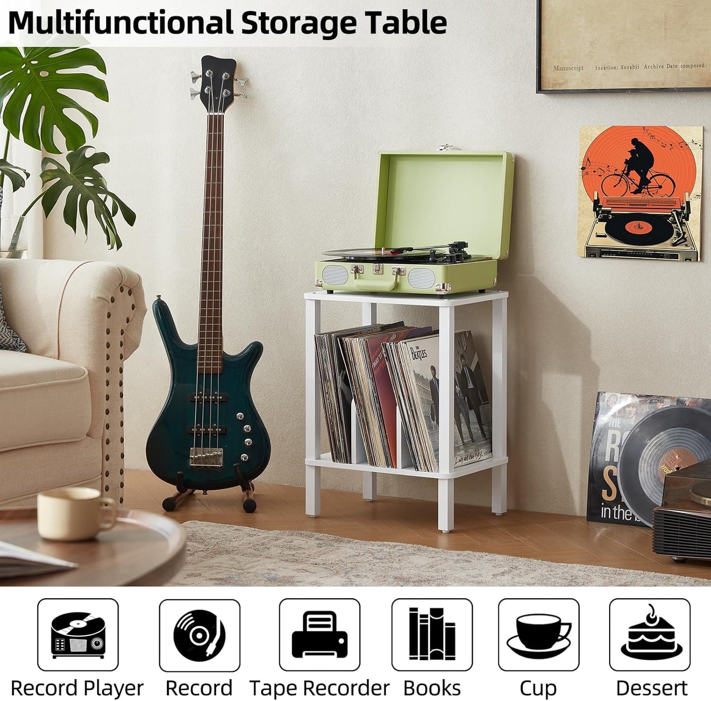 LELELINKY 2-Tier Bamboo Record Player Stand Set of 2 with Vinyl Record Storage up to 100 Albums, Boho Bedroom Record Holder and Multi-Functional End Table for Living Room, White