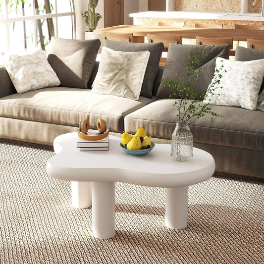 HollyHOME Cloud Coffee Table, Unique Design Accent Table for Living Room and Bedroom, Stylish and Functional Furniture Piece-Durable and Easy to Clean, Free Shape with 3 Legs, 33.9in, Cream White