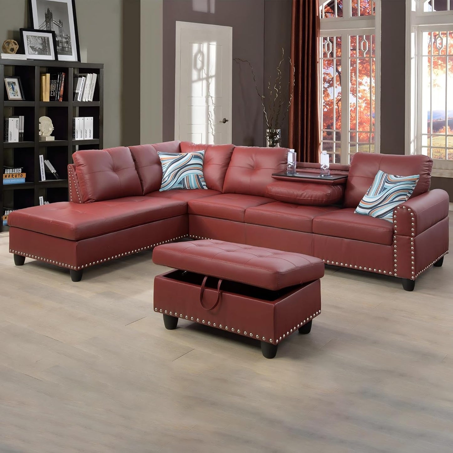 L-Shaped Sectional Sofa with Ottoman, Leather Modern Nail-Head Design with Cup Holder & Chaise for Living Room, Bedroom, Office, Red