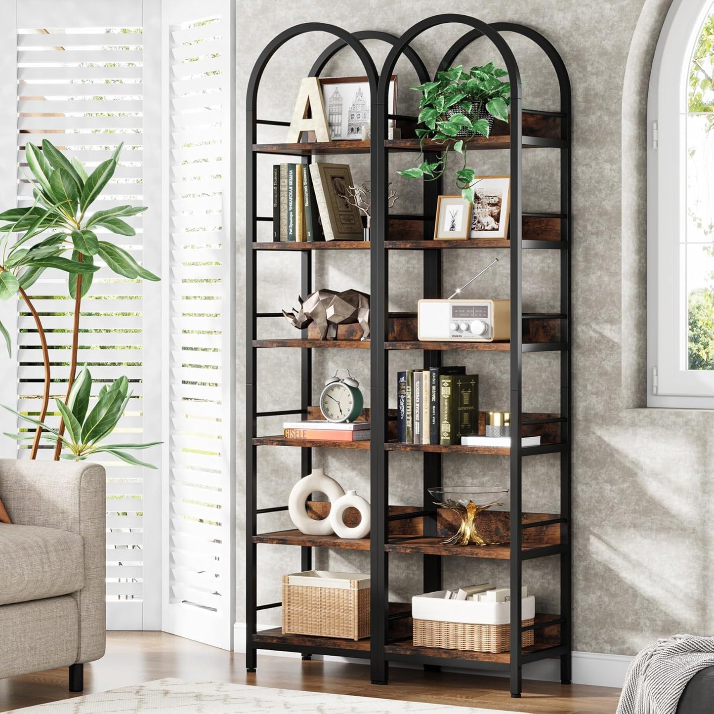 LITTLE TREE Bookshelf Set 2, Skinny 78.7 Inches Tall Arched Bookshelf, 6 Tiers Brown Open Bookcase with Black Metal Frame, Freestanding Corner Display Shelves Rack for Living Room, Home Office