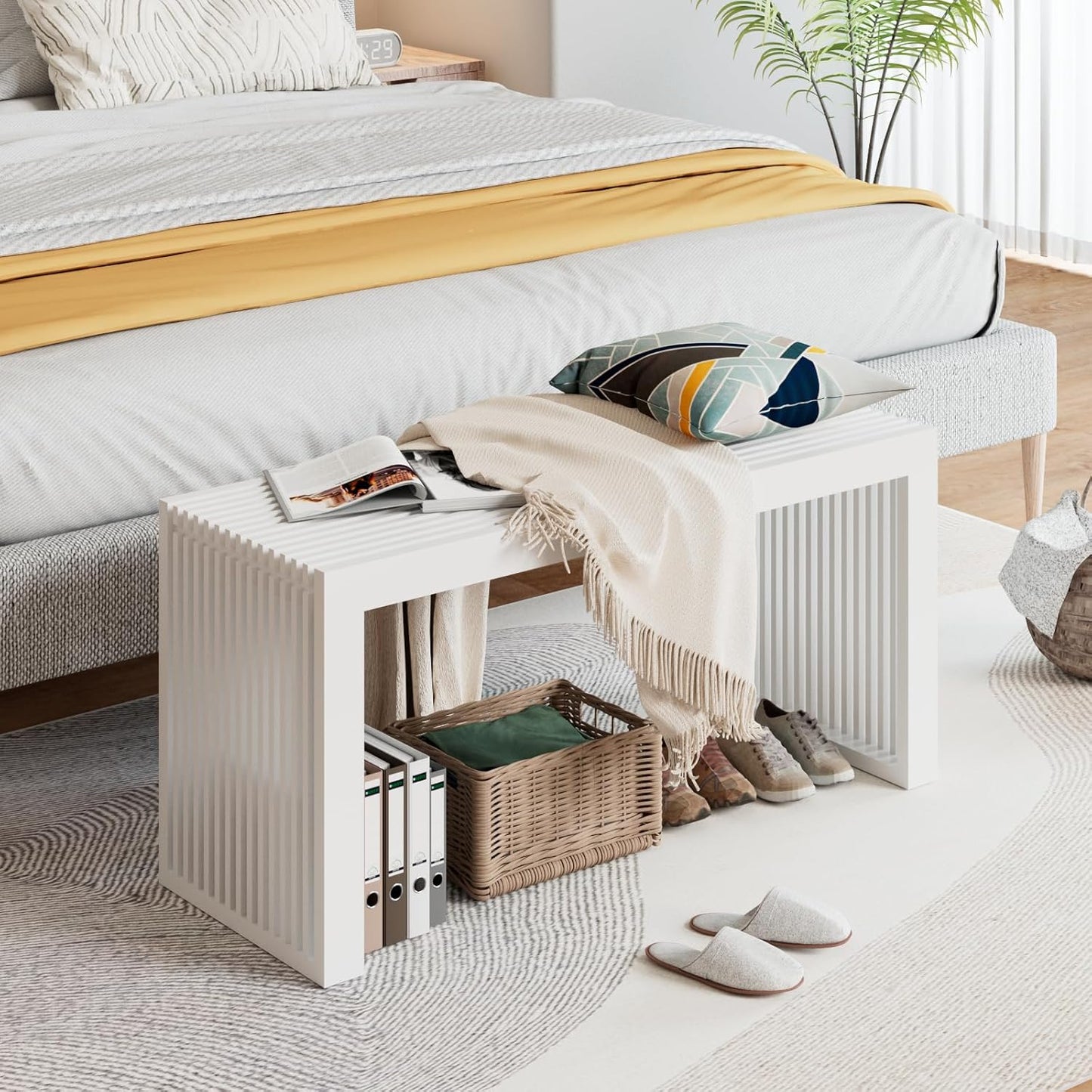 Bamboo Dining Bench Indoor Long Entryway Shoe Rack Benchs,Outdoor Modern Wood Benches 35 Inch Bamboo Bench for Living Room Hallway Bedroom Bathroom White