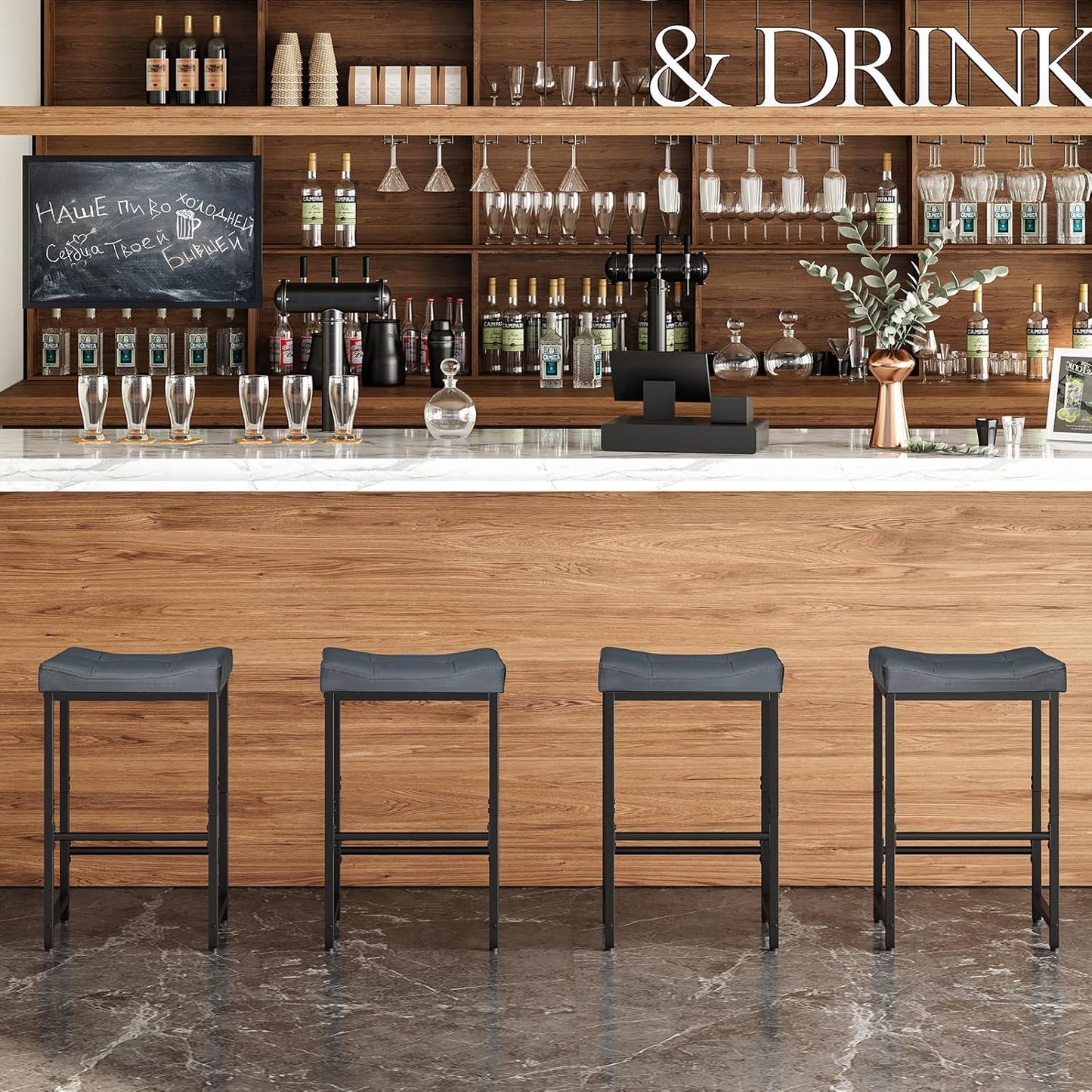 HOOBRO Barstools,25.4" Saddle Stools with PU Upholstery, Counter Height Stools with Footrest, Kitchen Breakfast Chairs, for Dining Room, Cafe, Bar, Gray and Black BGZ23BY01