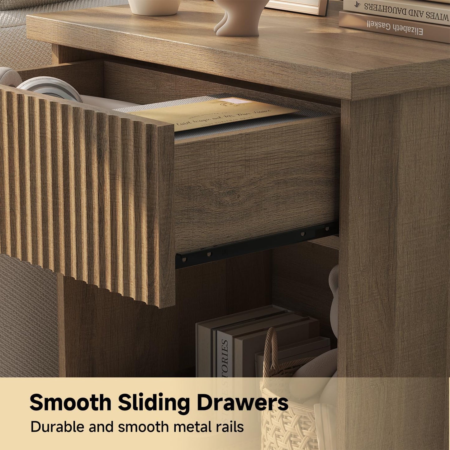 Fluted Nightstand Set of 2, 22.8" Wide Nightstands with Drawer Storage Large Wood BedsideTable Night Stands for Bedroom, Natural Oak