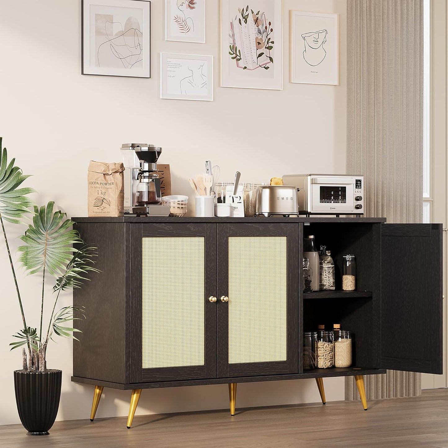 Shintenchi Large Rattan Storage Cabinet, Modern Sideboard Cabinet, Accent Large Storage Space Cabinet with Rattan Decorated Doors for Living Room, Dining Room, Black