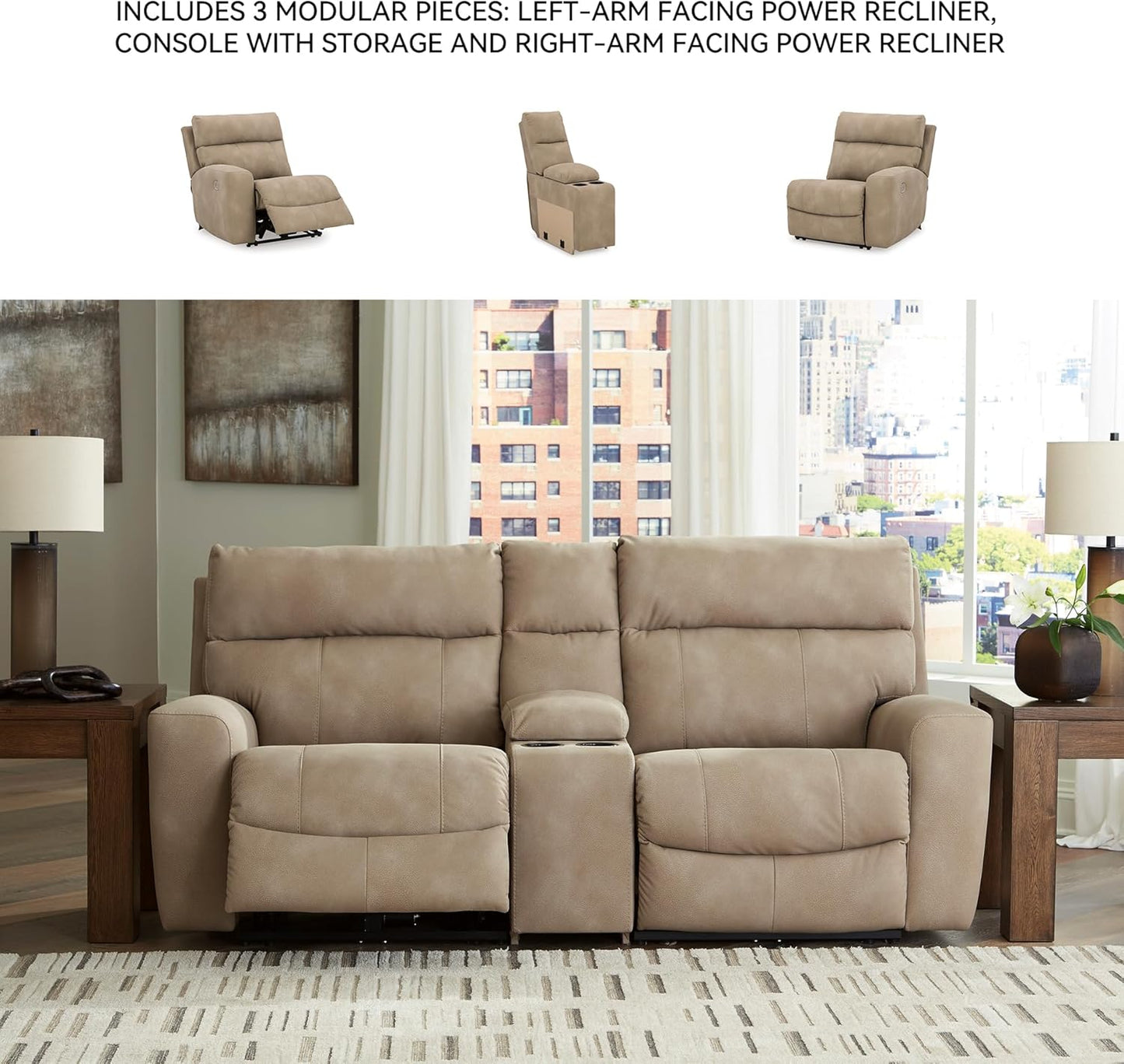 Signature Design by Ashley Next-Gen DuraPella Contemporary Faux Leather Modular Wall Hugger 3-Piece Power Reclining Sectional Loveseat with Console, Adjustable Headrest and USB Ports, Light Brown