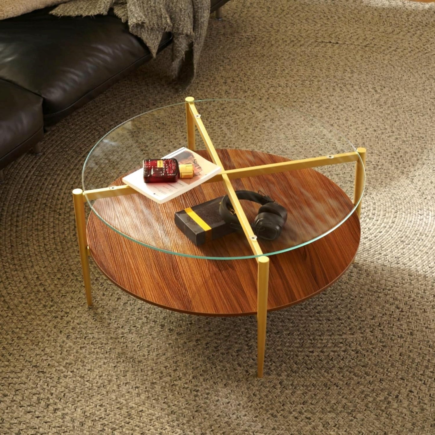 Saint Mossi BLEVIO Glass Round Coffee Table, Middle-Century Modern Style, Perfect for Living Room, Clear Glass Top & Walnut Brown MDF Wood Top, with Gold Finish Legs & Frame
