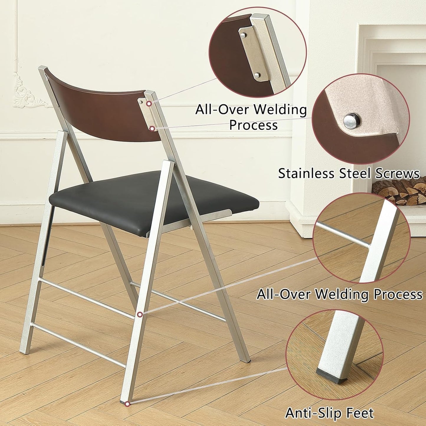 Folding Chairs with Cushion 2 Pack - Heavy Duty Steel Frame Foldable Dining Chairs, Waterproof Leather Indoor Outdoor Comfortable Folding Chairs for Home, Conference Rooms, Weddings, Events (Black)