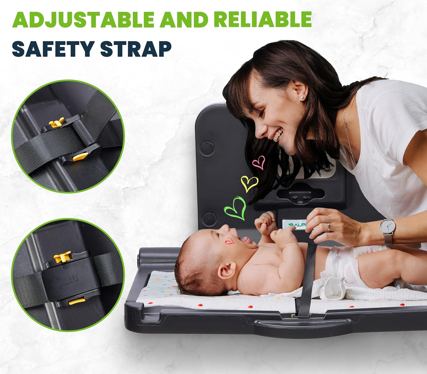 Alpine Wall Mounted Baby Changing Station - Horizontal Baby Changing Table Foldable Diaper Tables with Safety Strap for Commercial Bathroom, ADA Complaint (Hardware Included) Black