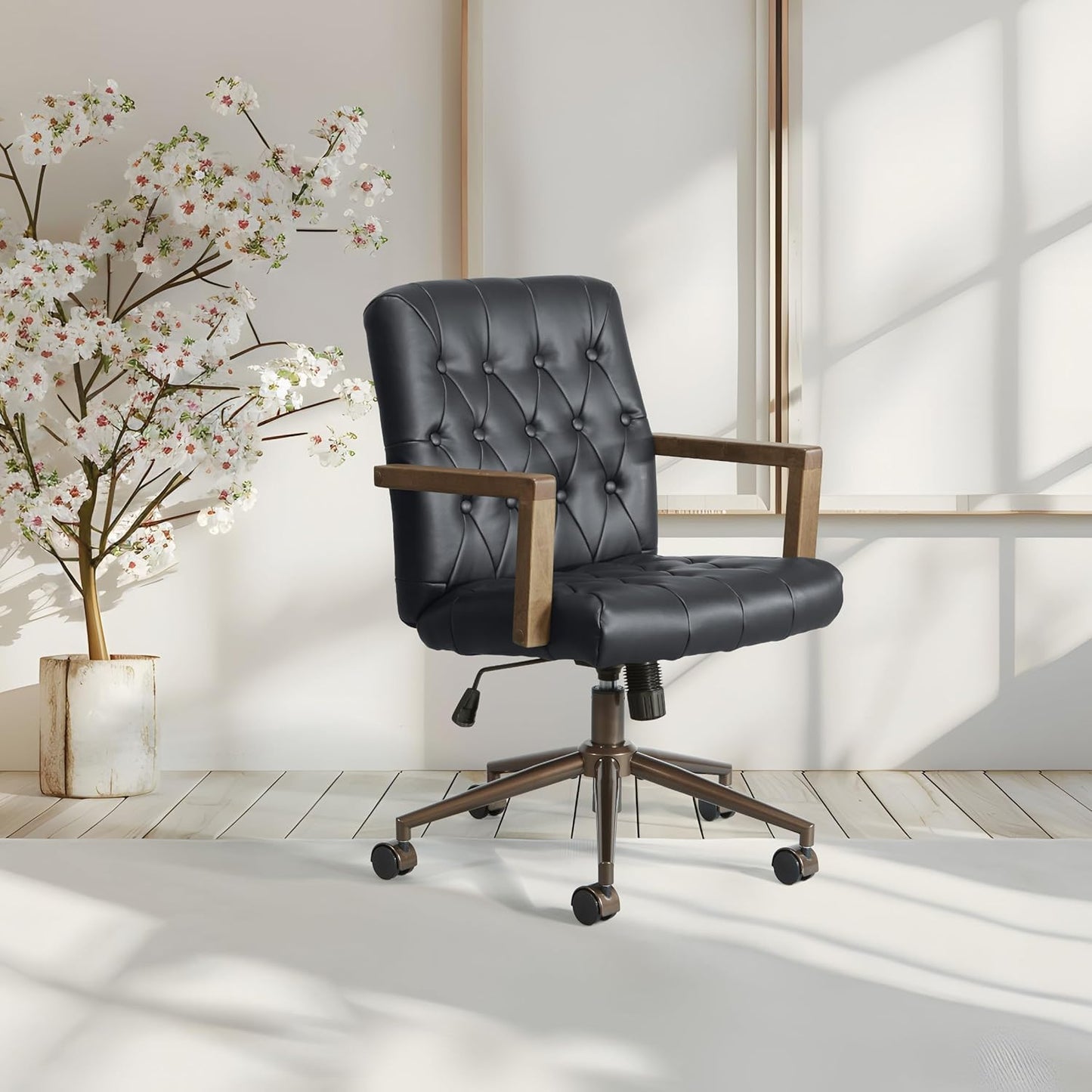 OSP Home Furnishings Waltham Adjustable Height and Tilt, Swivel Home Office Chair with Wood Arms, Black Faux Leather