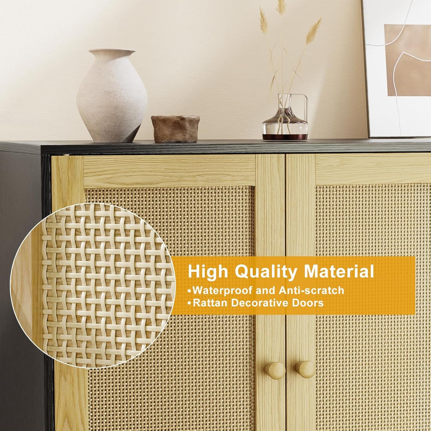 Set of 2 Rattan Sideboard Buffet Cabinets, Accent Cabinets with Adjustable Shelves & Rattan Doors, Ideal for Kitchen & Entryway Storage, Black