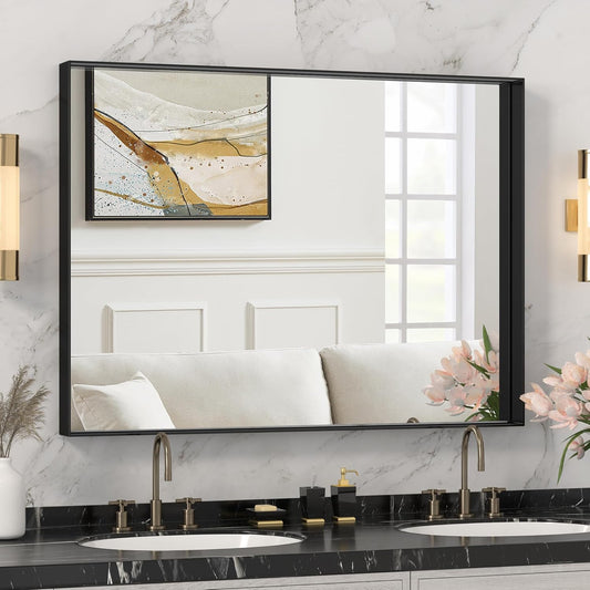 Brushed Metal Thick Frame Bathroom Mirror 30 x 30 Inch Metal Frame Black Rectangular Wall Mirror Matte Black Vanity Mirrors Square Corner, Modern Rectangle Mirrors(Horizontal/Vertical)