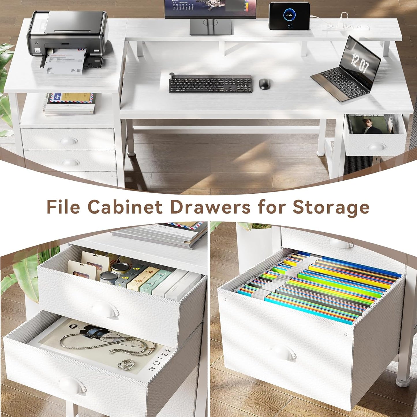 Furologee 60" White Office Computer Desk with 4 Drawers,Gaming Desk with LED Lights and Power Outlets,Long Desk with Fabric File Cabinet,Study Writing Work Table with Shelf for Bedroom Home Office