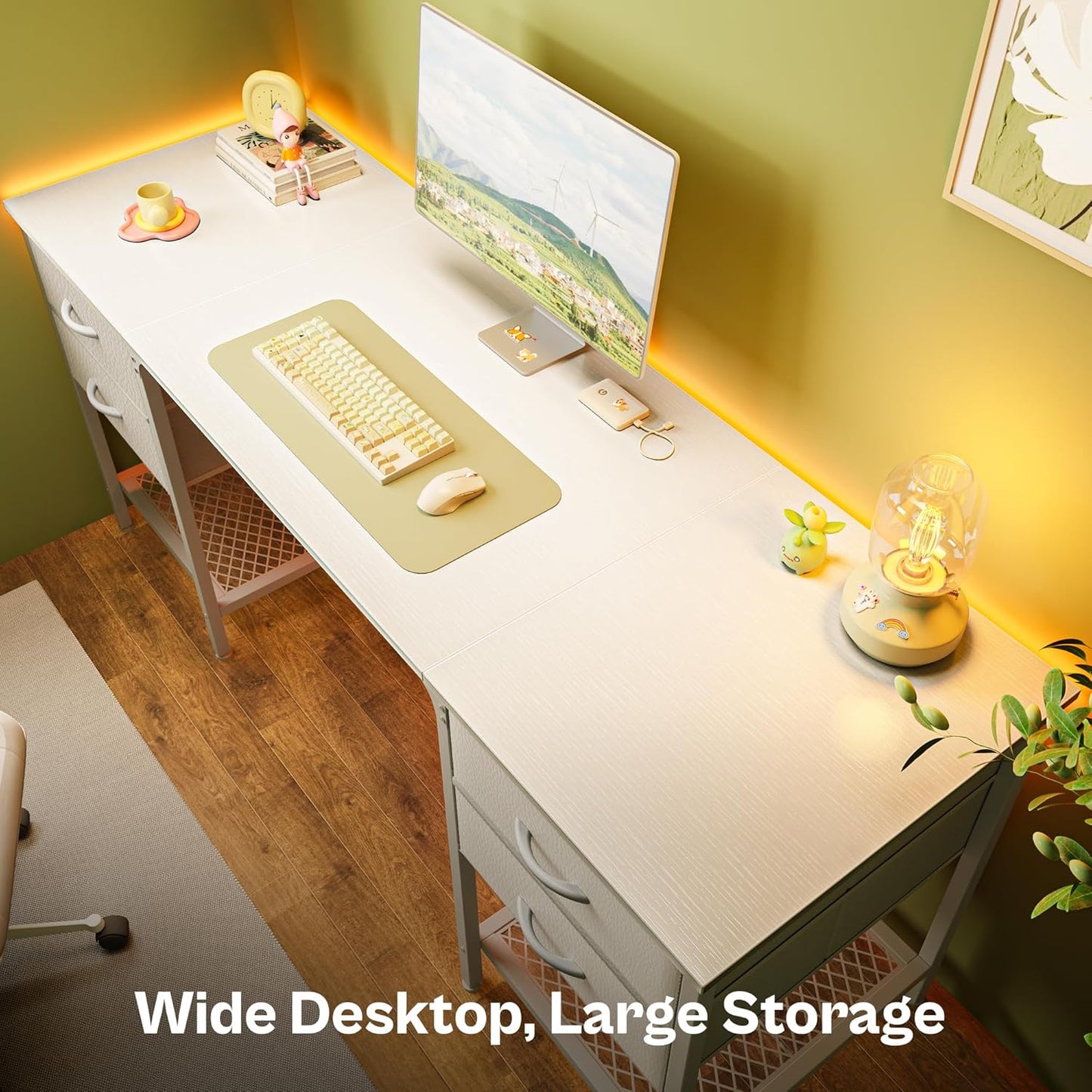 Huuger 63 Inch White Desk with 4 Drawers, Vanity Desk with Mesh Shelf, Large Storage, Computer Desk Office Desk for Home Office, Bedroom, Work from Home