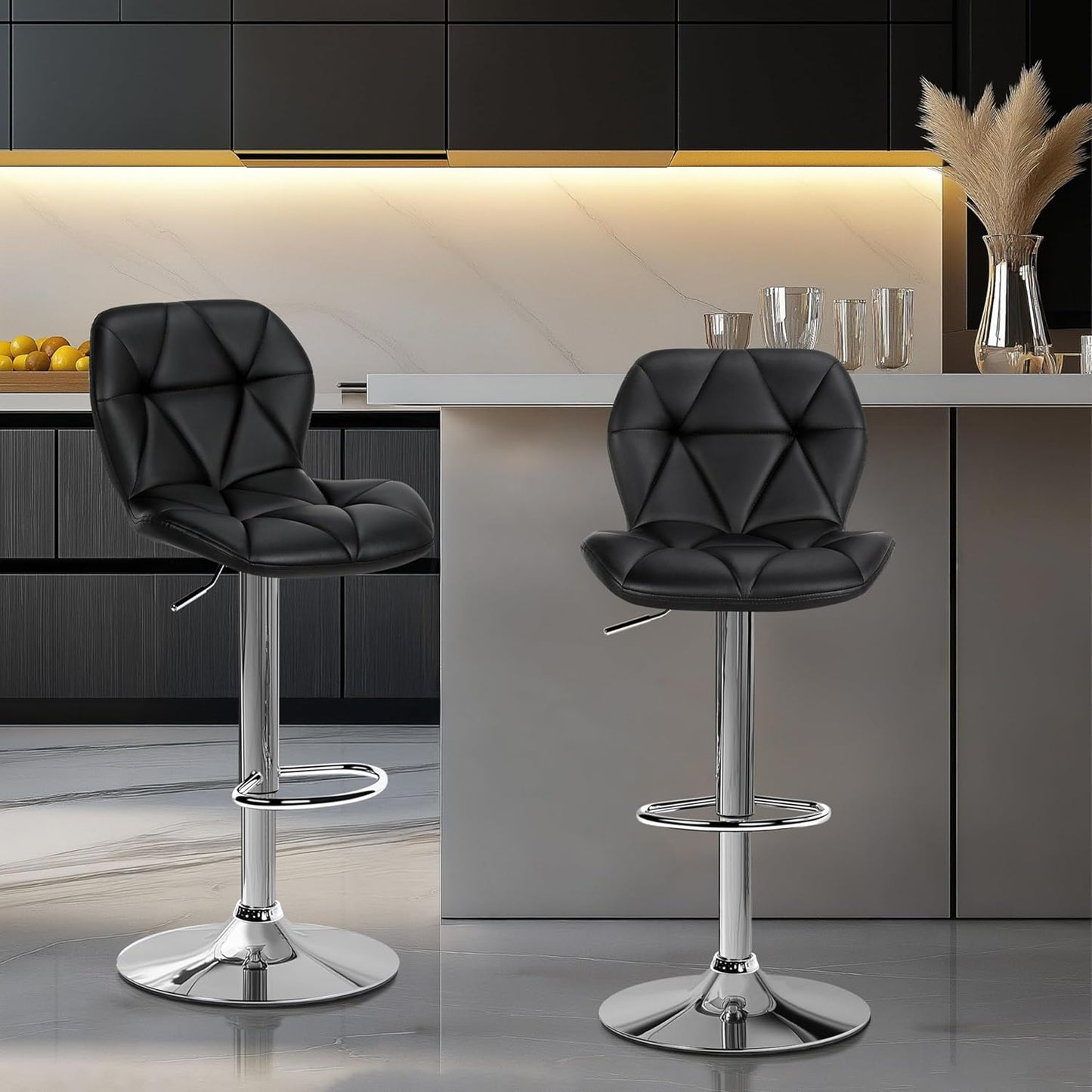 Yaheetech Bar Stools Set of 2, Modern Adjustable Kitchen Island Chairs, Black PU Leather Swivel Counter Stools for Bar, Kitchen Counter, Black