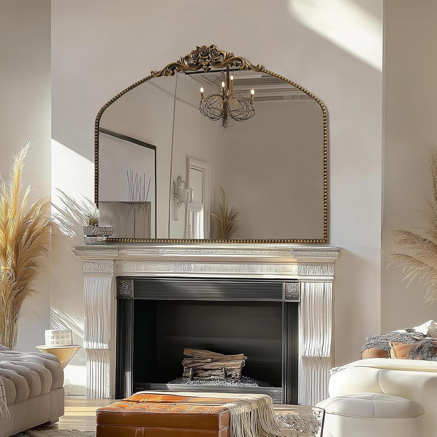 AIXI HOME Black Arched Mirror, 40" x 30" Traditional Vintage Antique Mantel Mirror with Ornate Metal Frame, Baroque Wall Mounted Mirror for Entryway/Fireplace/Hallway/Bathroom/Living Room/Bedroom