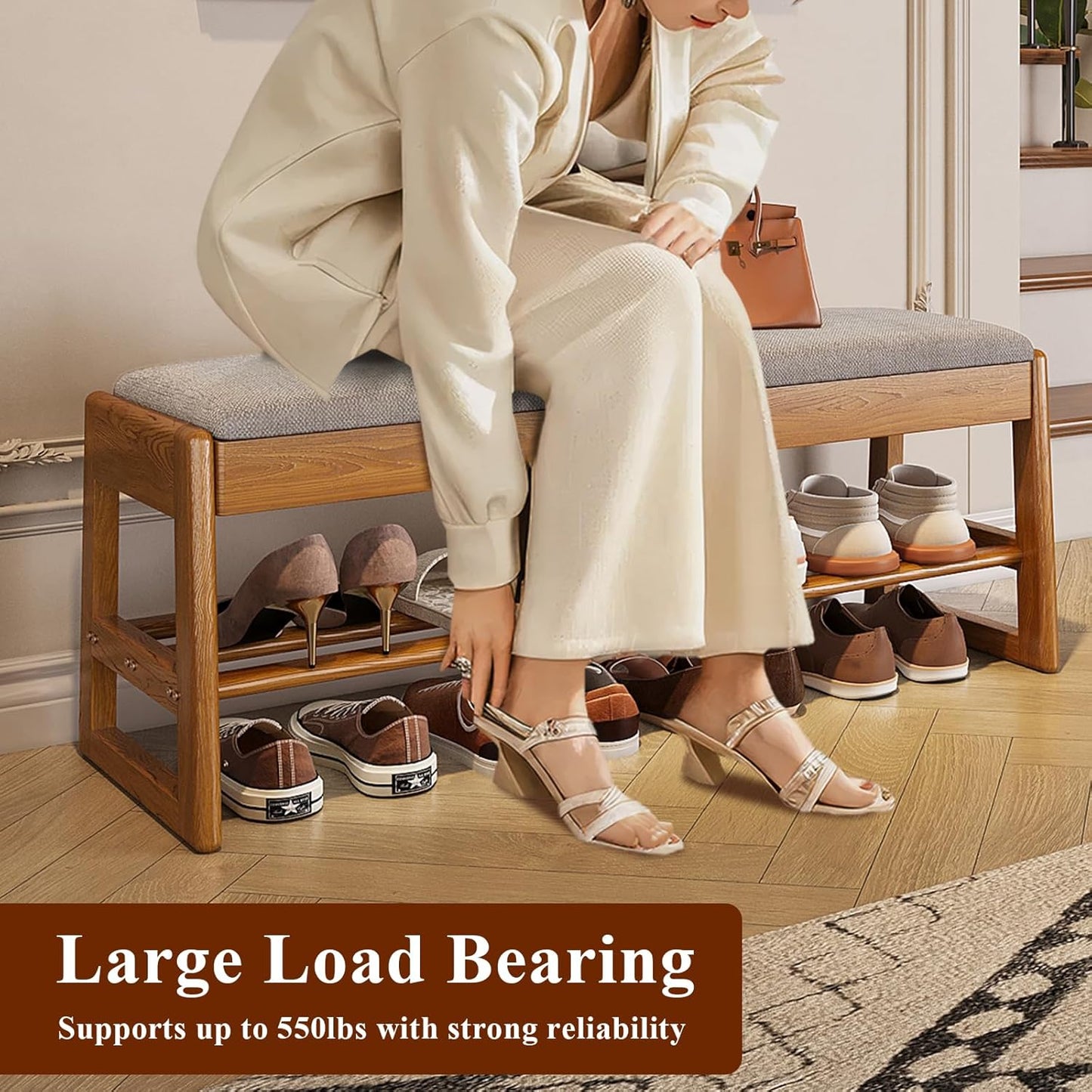 Shoe Rack Bench with Cotton-Linen Cushion 2-Tier Wooden Storage Bench 550lbs Compact Simple & Modern Design for Entryway, Hallway, Bedroom, Living Room, Closet, Front Door Entrance, Foyer