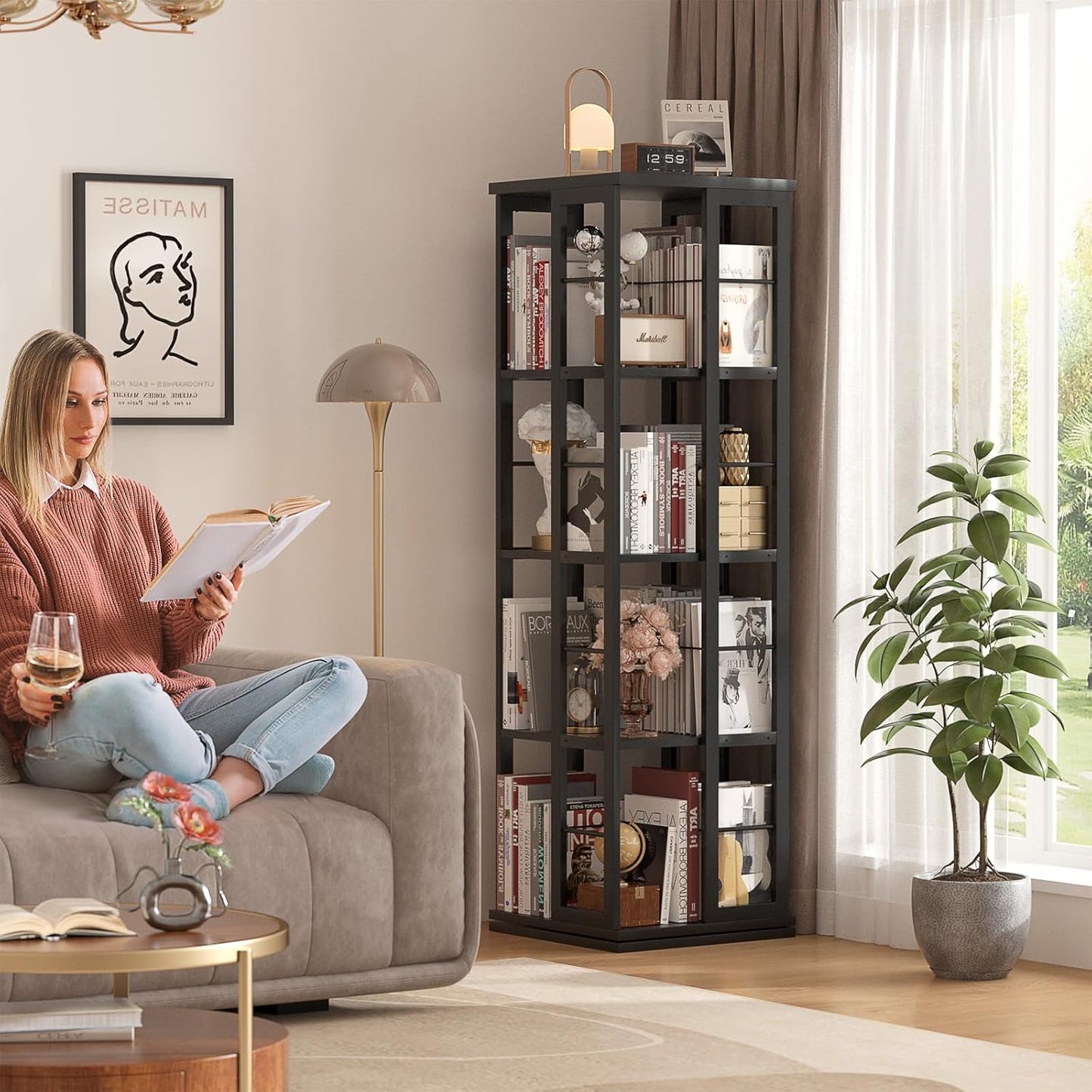 Aheaplus Rotating Bookshelf, 360 Display Wood Spinning Bookshelf, Floor Standing Bookcase Narrow Shelf Revolving Organizer Storage Rack for Small Space, Bedroom, Study Room, Black