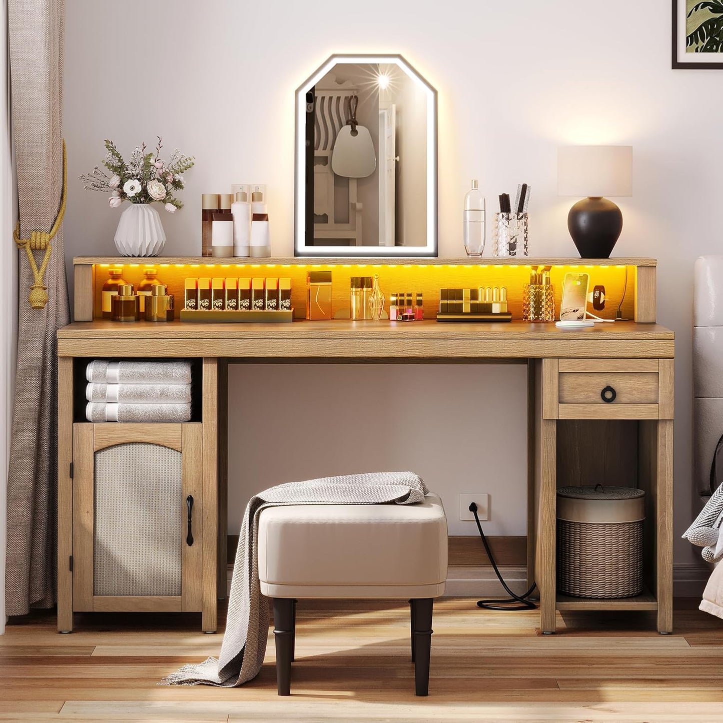 DWVO Farmhouse Office Desk with Drawer & Power Outlets, Rattan Computer Desk w/LED Strip & Monitor Stand for Bedchamber Study, Home Office Table w/Storage Cabinet for Working Writing Gaming (Oak)