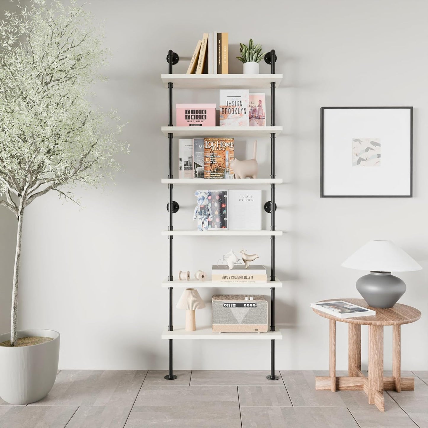 Pipe Shelves, Wall Mounted Wood Metal Industrial Shelves, Ladder Bookshelf for Living Room (White, 10" D x 30" W x 82.5" H)