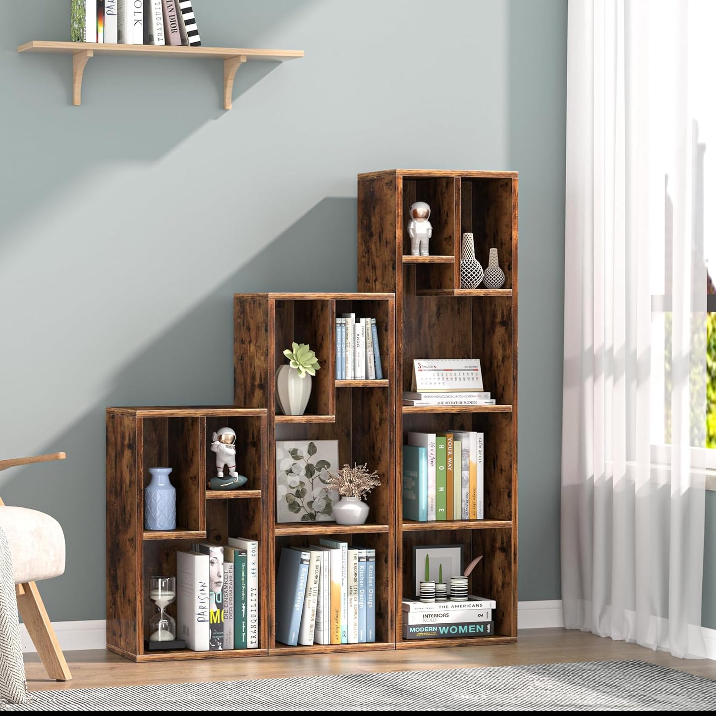 VECELO 3 Cube Small Bookcase, Fits Tallest Hardcovers, Horizontal Available, 2-Tier Modern Bookshelf, Storage Organizer for Small Spaces, Kids Room, Bedroom Living Room, Rustic Brown