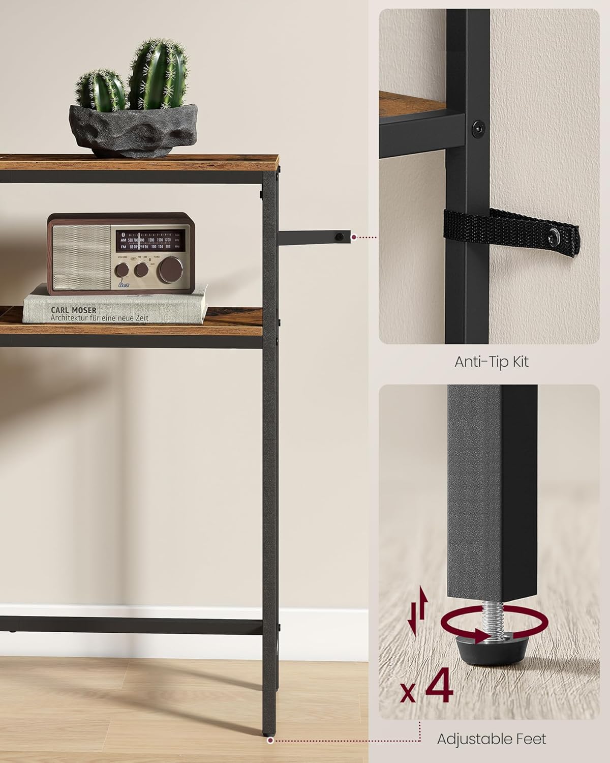 VASAGLE Console Table, 2-Tier Narrow Sofa Table with 2 Shelves, 7.9 x 31.5 x 31.5 Inches, for Living Room, Hallway, Entryway, Rustic Brown and Ink Black ULNT130K01V1