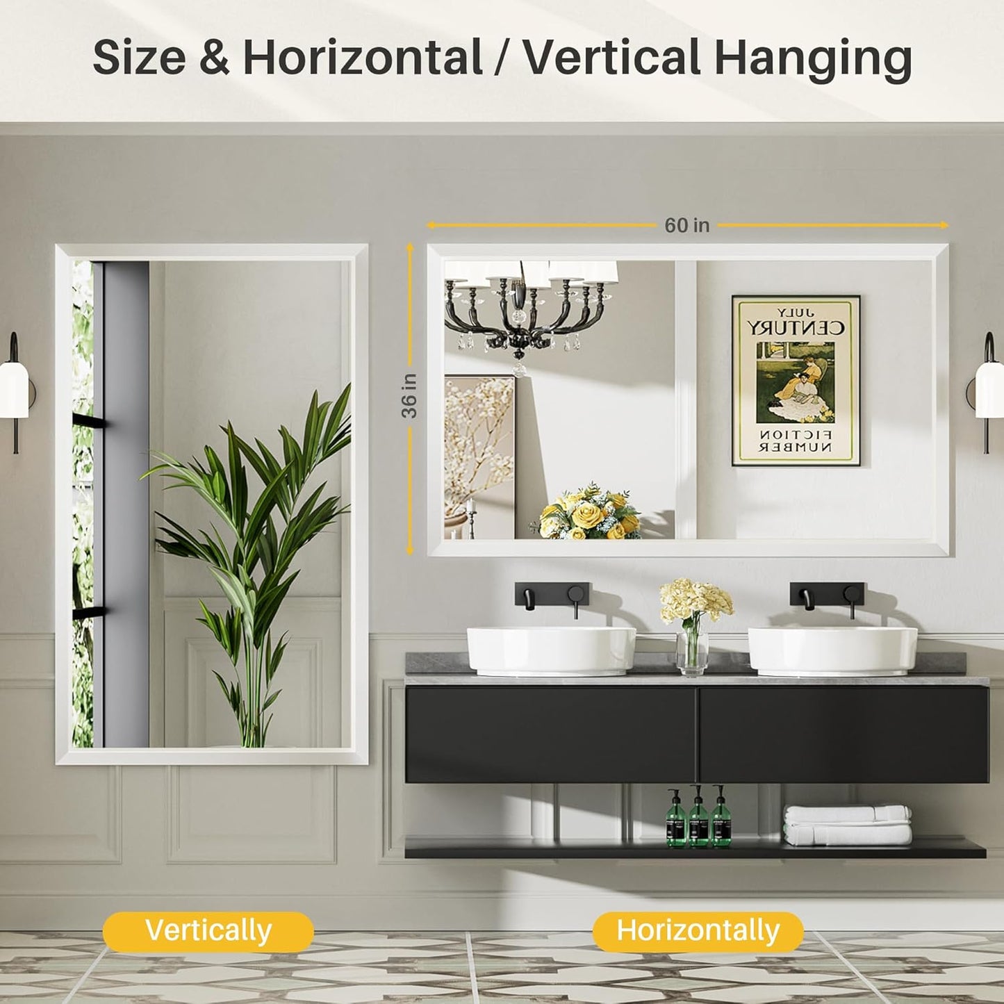 60x36 Inch White Bathroom Mirror for Wall, Thick Metal Framed Rectangle Mirrors for Over Sink, Bedroom, Living Room, Entryway, Anti-Rust, HD Tempered Glass