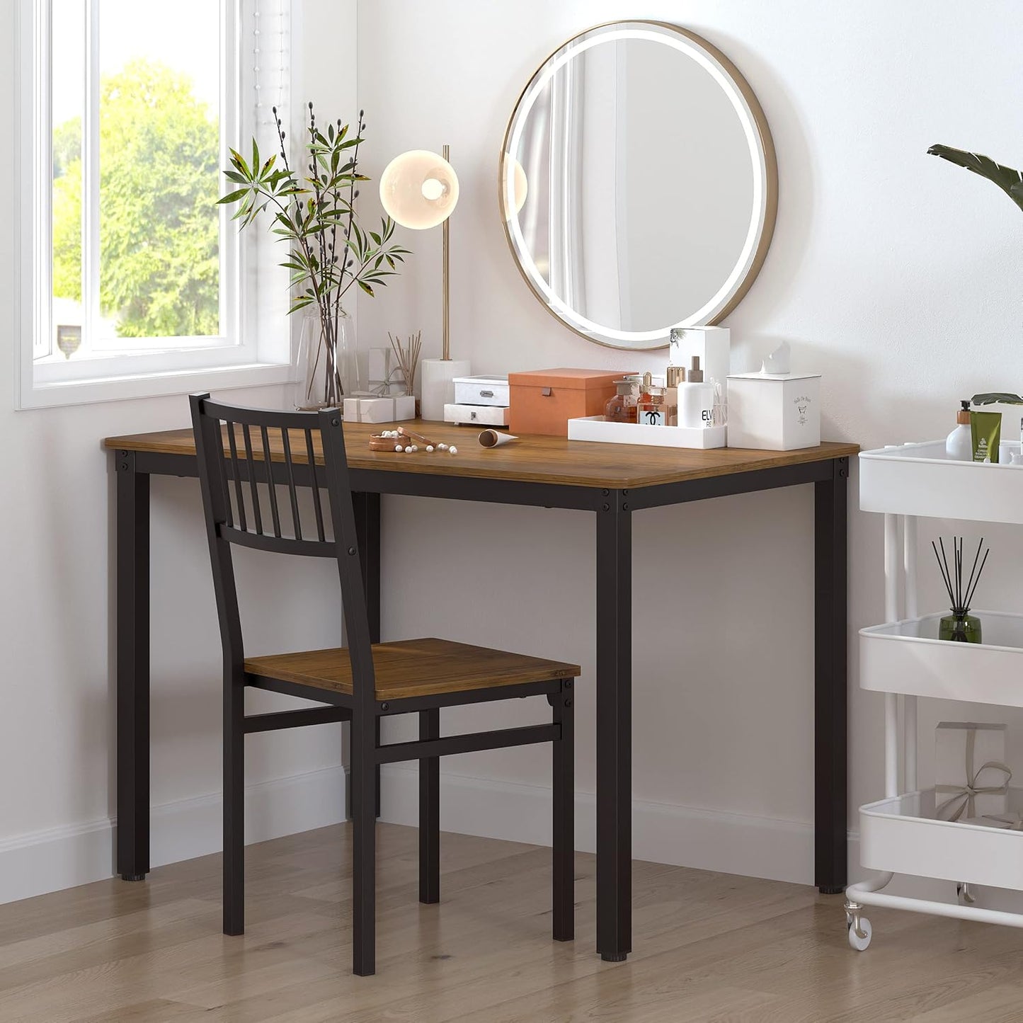 Teraves Dining Table Set for 4/Computer Desk,Kitchen Table with 2 Chairs and a Bench,Table and Chairs Dining Room Set 4 Piece Set for Dining Room (Teak, 120CM)