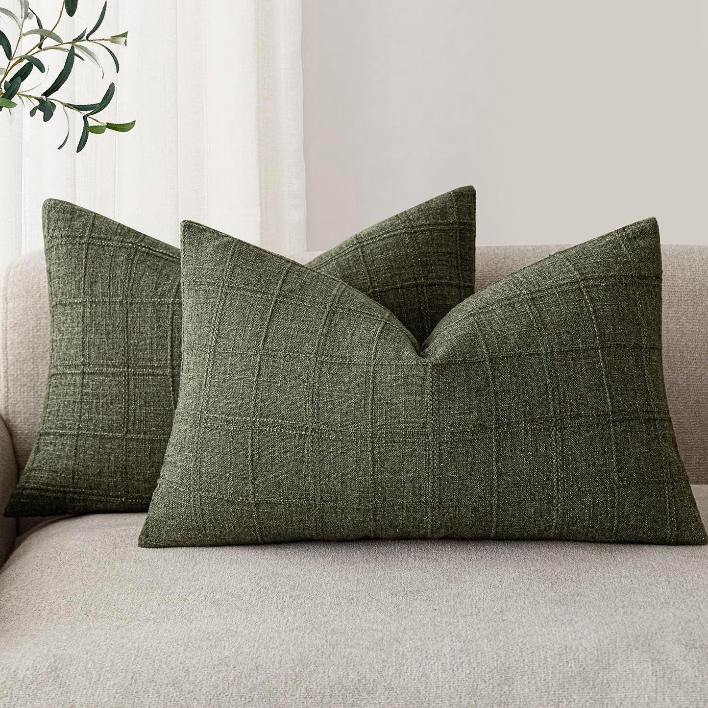 Foindtower Set of 2 Decorative Linen Check Throw Pillow Covers Neutral Farmhouse Lumbar Cushion Covers Modern Boho Home Decor for Sofa Chair Couch Bedroom Living Room Outdoor,12×20 Inch,Olive Green