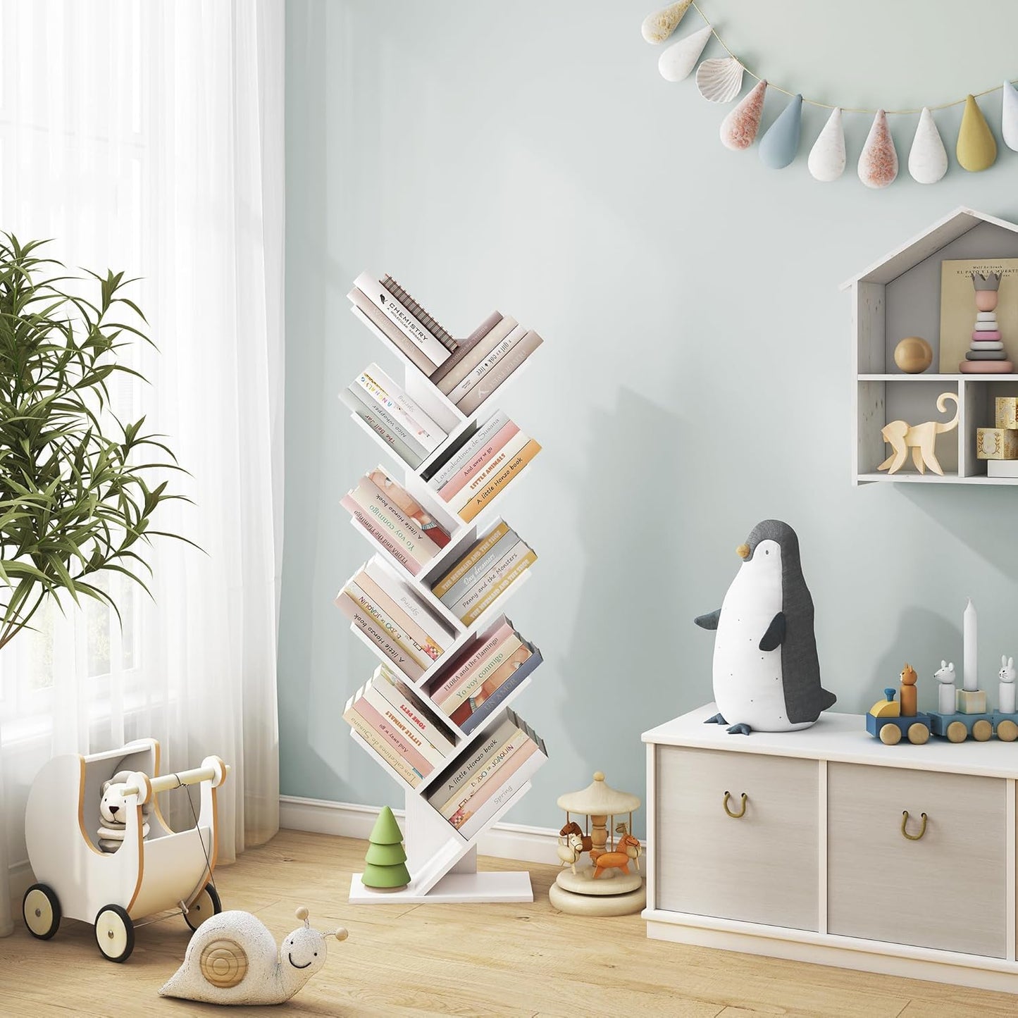 Hoctieon 10 Tier Tree Bookshelf, 10 Shelf Bookcase, Free Standing Tree Bookcase, Display Floor Standing Shelf for Books, Book Organizer Shelves for Home Office, Living Room, Bedroom, White