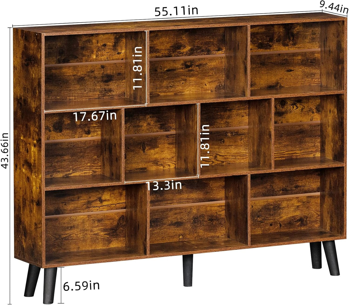 LEYAOYAO 10 Cube Bookshelf, 3 Tier Vintage 55.12" Wide Bookcase with Legs, Mid-Century Wood Bookshelves Storage, Brown Large Book Case, Freestanding Organizer Display Shelf for Living Room, Office