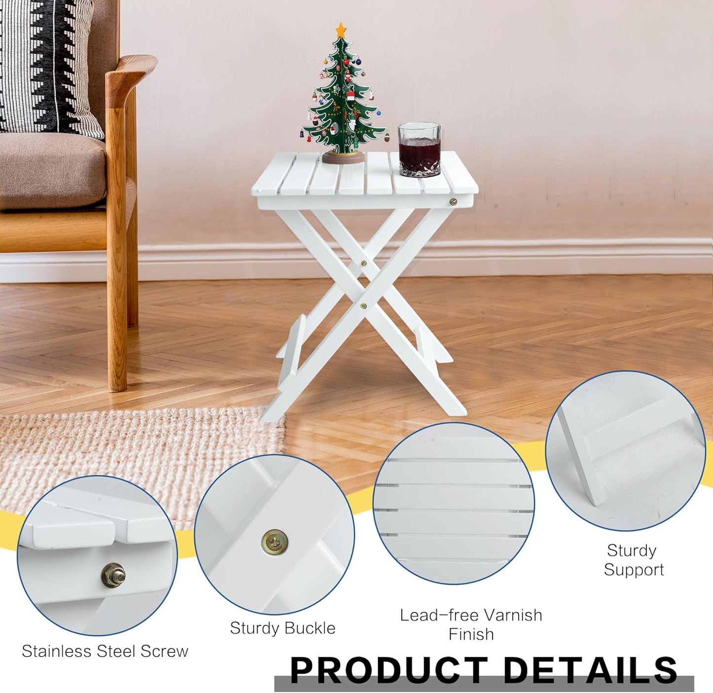 Outdoor Patio Side Table Set of 2 Small Wood End Square Table Folding Coffee Furniture for Living Room, Bedroom, Plant Stand, Camping Portable White