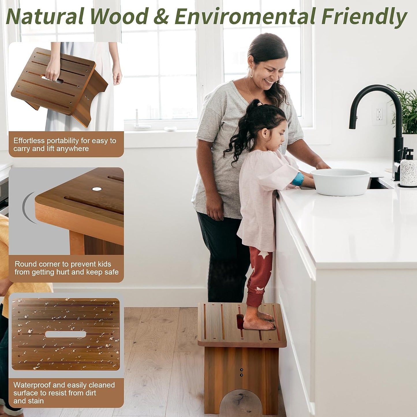 Wooden Step Stool for Adults, 9" Portable Wood Step Stool for Kids, Heavy Duty One Step Bedside Stool with 550 Lbs Load Capacity, Non-Slip White Foot Stool for Kitchen Bathroom Bedroom