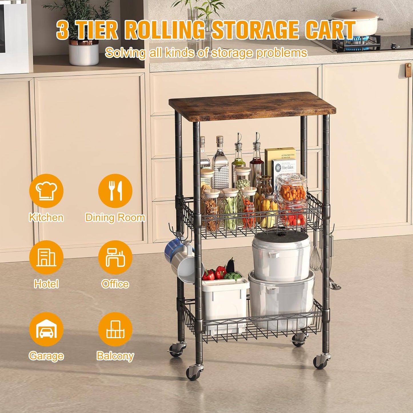 Rolling Kitchen Storage Cart, 3-Tier Storage Rack on Caster Wheels with Adjustable 2 Baskets, Coffee Station Cart Rack Shelf Organizer for Living Room Office, Balcony, Rustic Brown/Black
