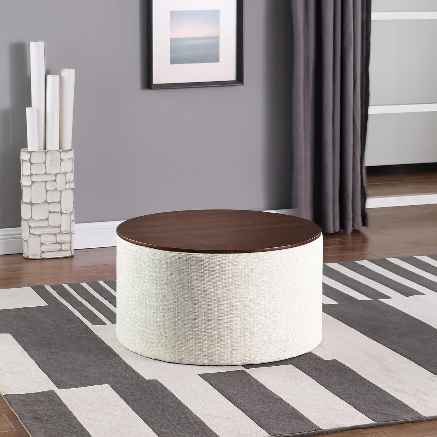 HomePop Modern Fabric Storage Ottoman with Wood Top - Stain-Resistant Cream Woven