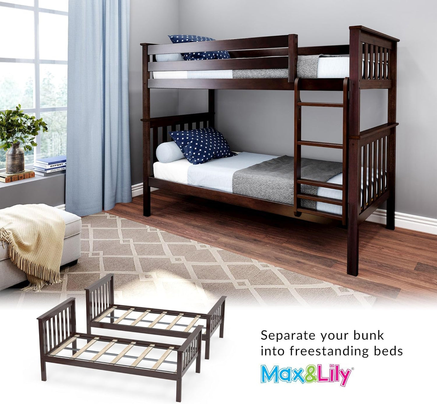 Max & Lily Bunk Bed Twin over Twin, Solid Wood Bunk Bed Frame with Ladder for Kids, 14" Safety Guardrails, Easy Assembly, No Box Spring Needed, Espresso