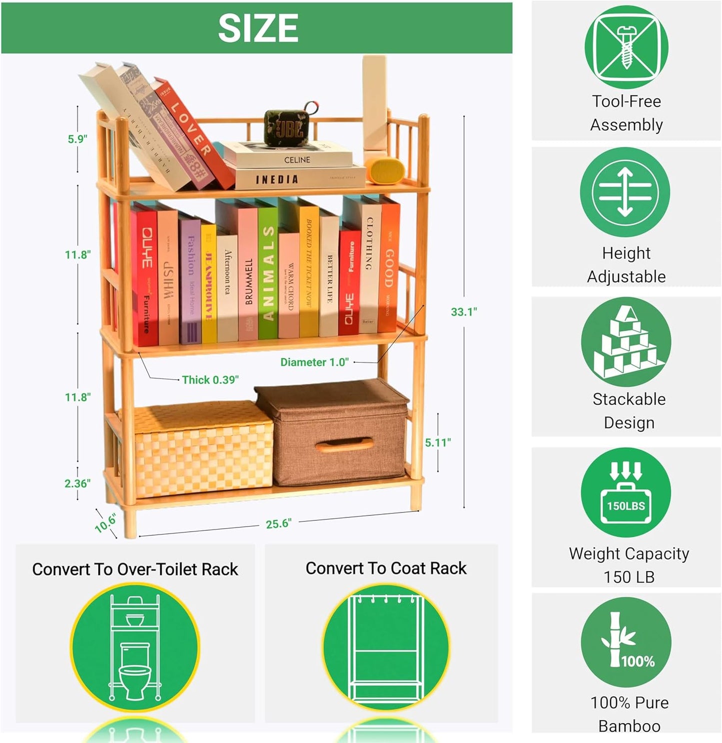 GOGOGO Bamboo Bookshelf -Tool-Free Assembly, Modular, Eco-Friendly Wooden Bookcase, Height Extendable(Natural, 11.8" H(3 Tier))