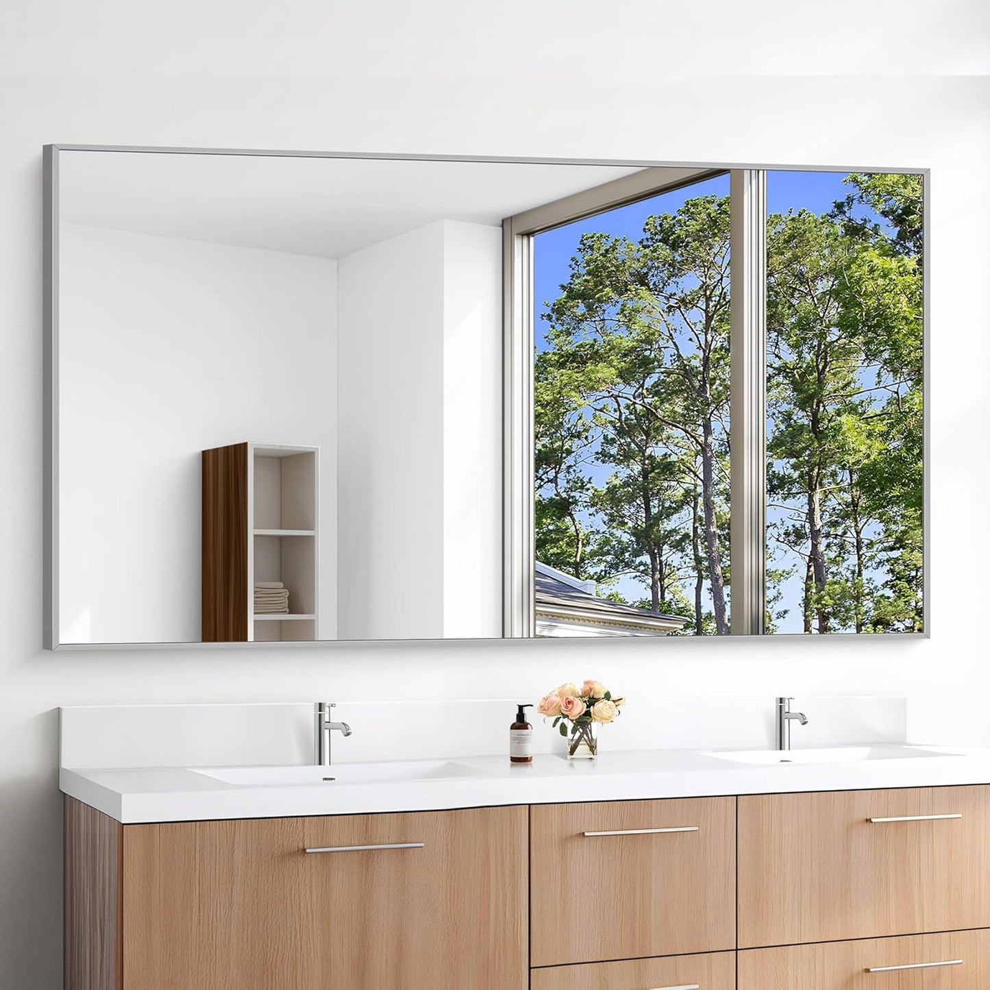 KOCUUY Large Silver Bathroom Mirror, 60x30 inch Rectangular Mirror for Bathroom Sink, Oversized Mirror with Metal Brushed Nickel Frame for Living Room, Farmhouse, Entryway, Hang Horizontal/Vertical