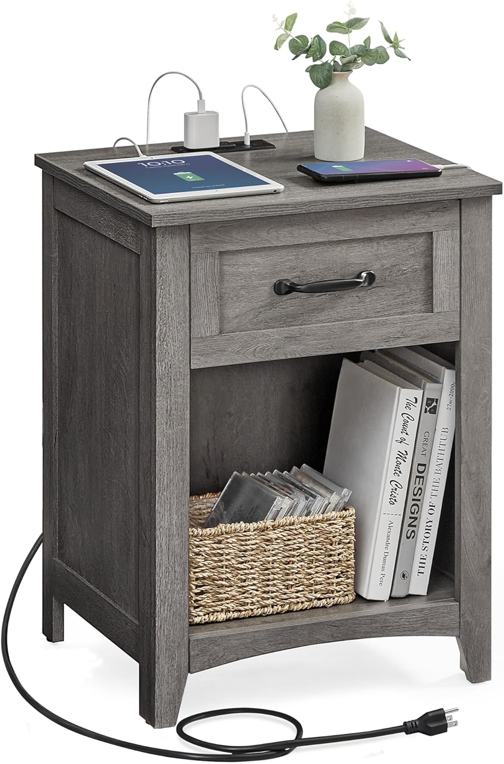 VASAGLE LIRY Collection - Farmhouse Nightstand with Charging Station, Bedside Table, Side Table with Drawer, Open Compartment, for Bedroom, Misty Gray ULET659G68