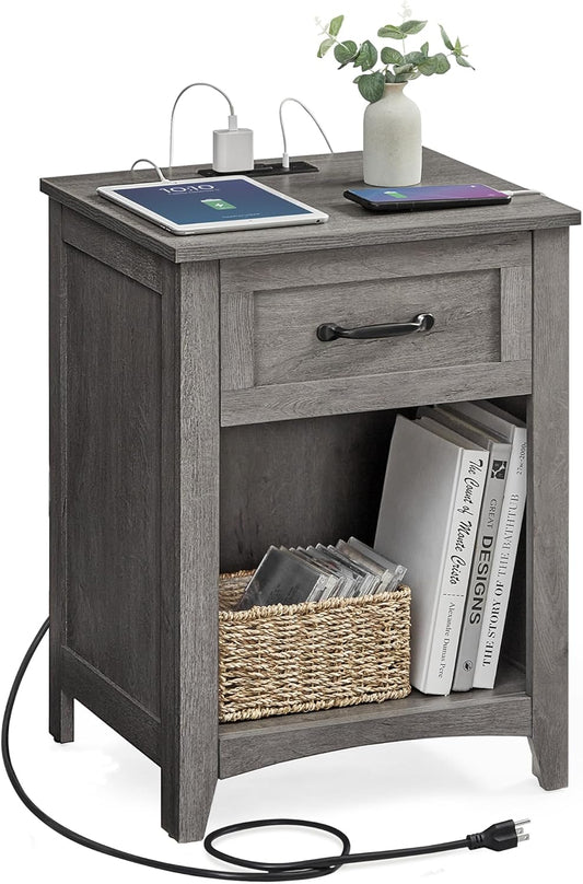 VASAGLE LIRY Collection - Farmhouse Nightstand with Charging Station, Bedside Table, Side Table with Drawer, Open Compartment, for Bedroom, Misty Gray ULET659G68