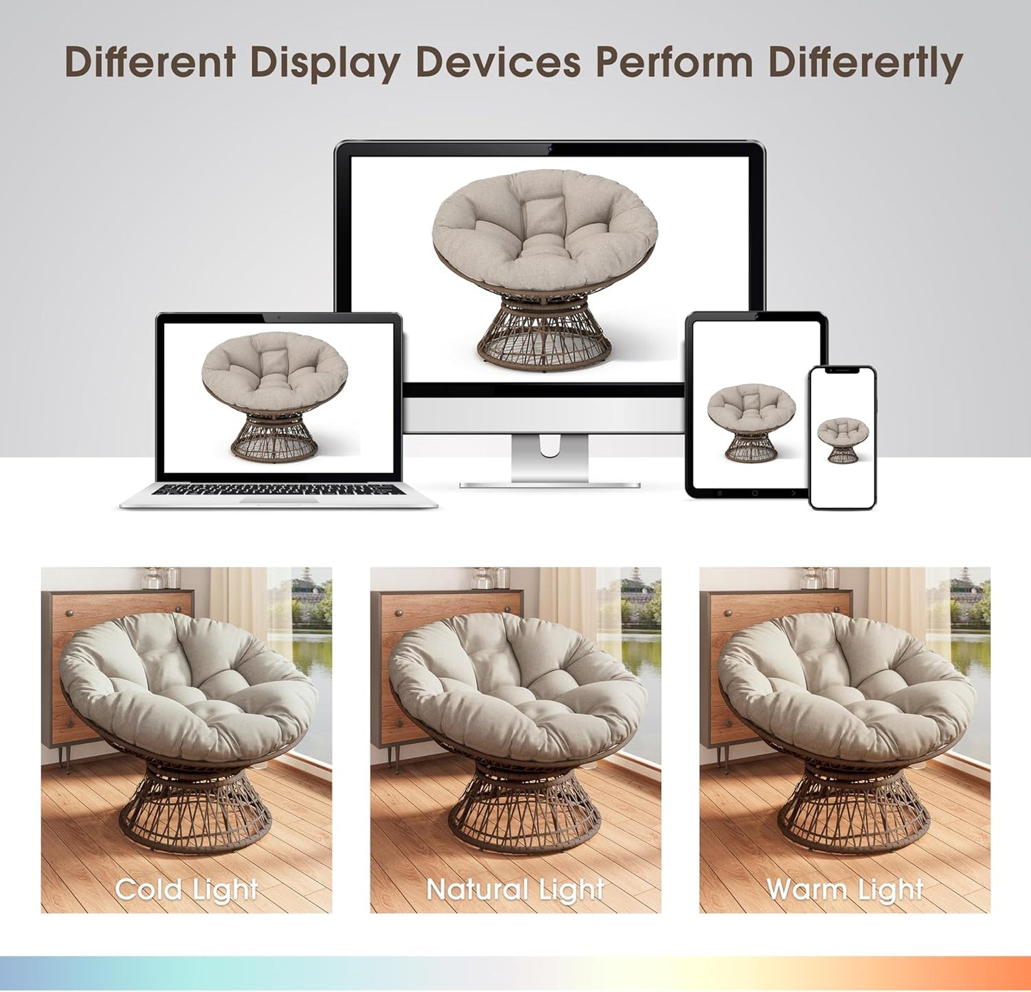 Ball & Cast Ergonomic Wicker Chair with Cloud Thick Density Fabric Cushion,Accent Chair W/ 360 Degree Swivel,Sturdy Metal Frame,Height Adjustable,for Reading,Living Room Bedroom,Lounge,Brown+Beige