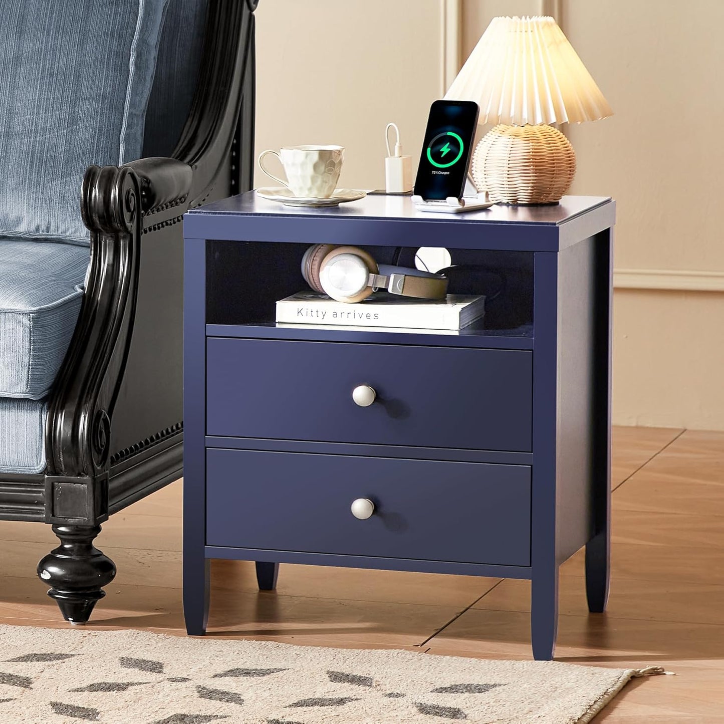 Huuger Nightstand with Charging Station, Blue Nightstand with 2 Drawers, Bed Side Table for Bedroom, Bedside Table with Storage, Modern Nightstands, Metal Knobs, Painted Surface