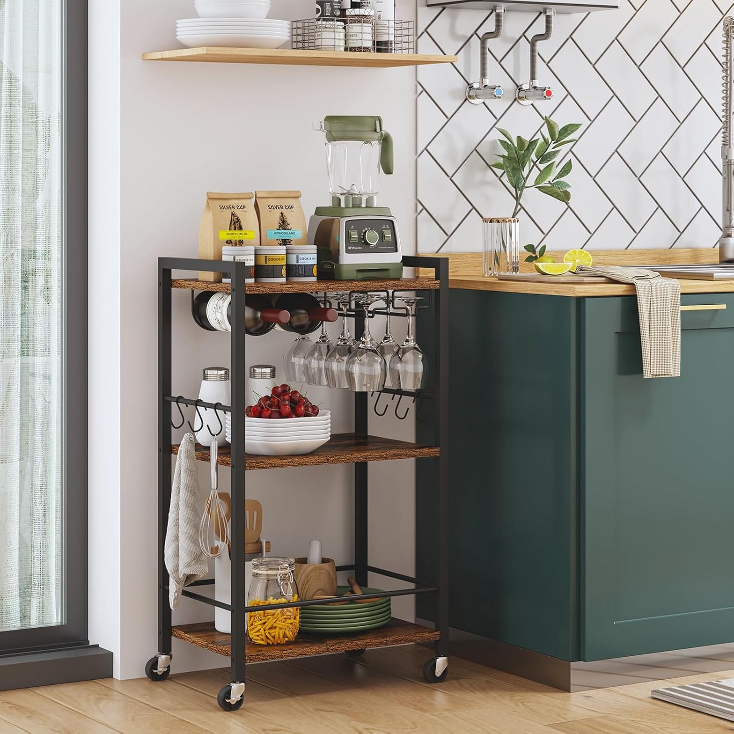 TUTOTAK Bar Cart, Home Bar Serving Cart with 3-Tier Shelf, Drink Cart with Wine Rack, Glass Holder, Rolling bar carts for The Home, Living Room, Brown BC01BB035