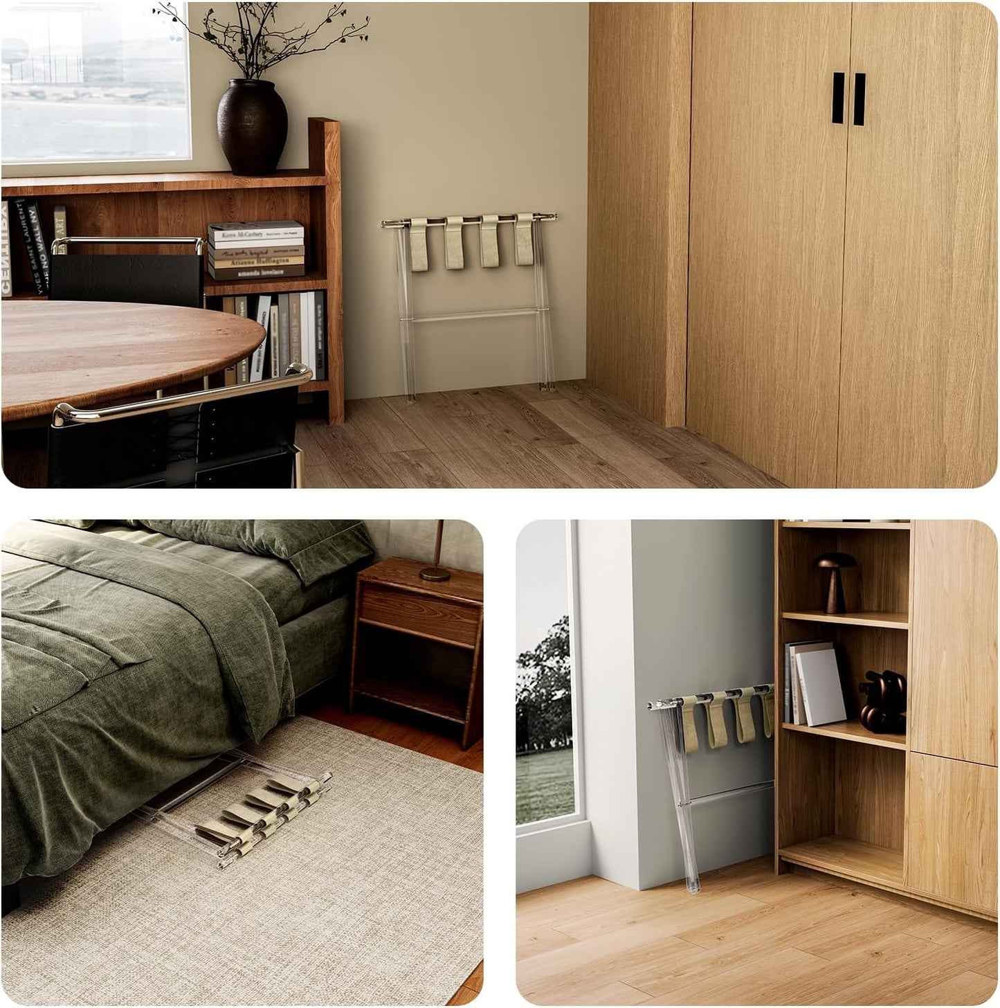 Sumerflos Acrylic Luggage Rack for Guest Room - Foldable Suitcase Stand with Leather Straps for Bedroom Living Room Hotel Heavy-Duty, Holds up to 50-100 lb lightweight Space Saving (Beige & Handle - 1 Pcs)