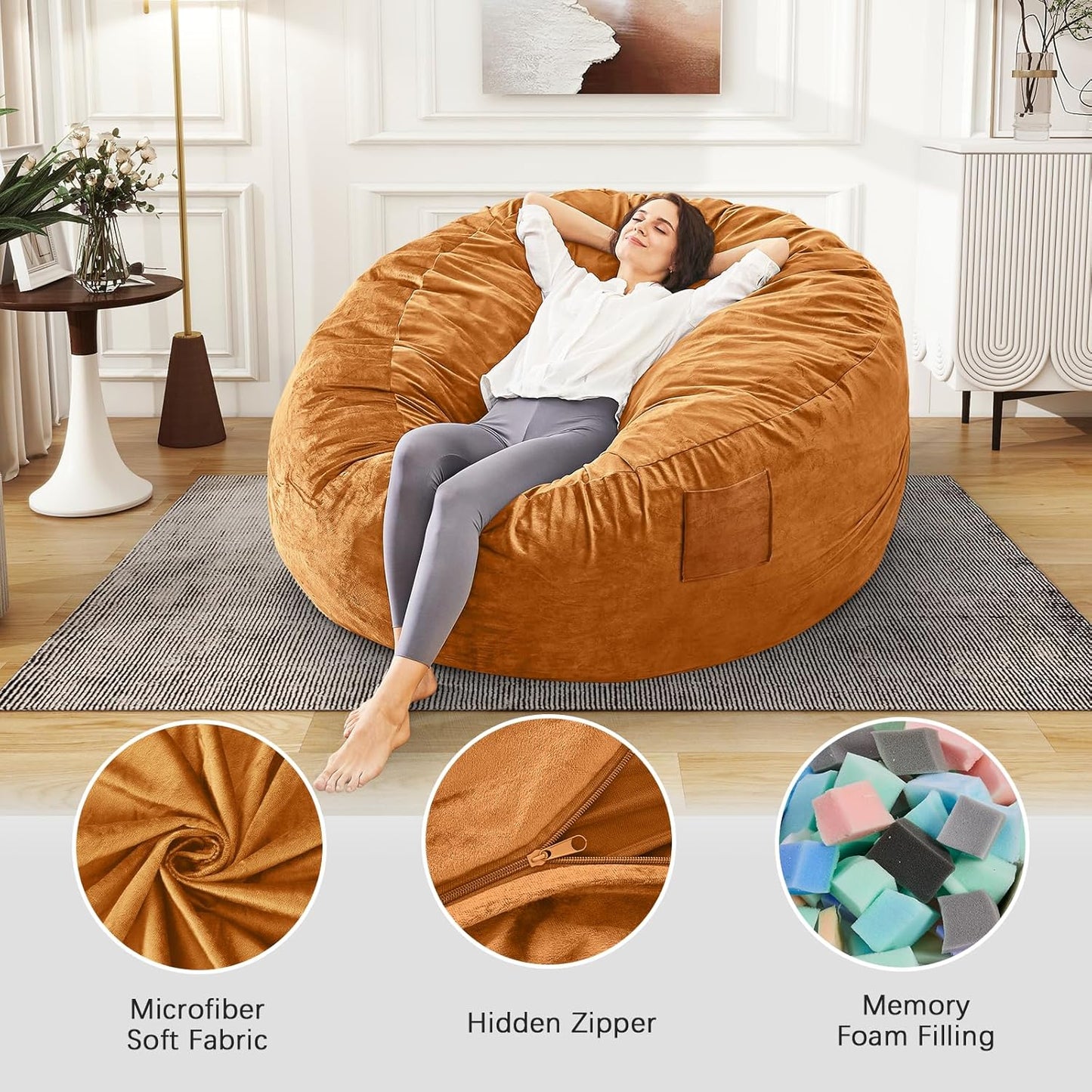 Bean Bag Chairs for Adults - Giant Bean Bag Chair Convertible Bean Bag Bed - Beanbag Chair with Micro Fiber Cover/Furniture Foam Filler - Floor Couch Sofa in Bedroom Dorm Room - Queen Golden Brown