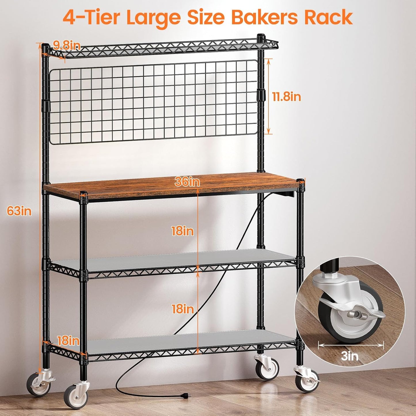 Leteuke Bakers Rack with Power Outlet & Storage, 36 Inch Microwave Stand Kitchen Cart, 4-Tier Metal Kitchen Shelves Cart with Wheels & 20 S-Hooks for Kitchen, NSF Certified, 63 x 18 x 36 Inch-Black