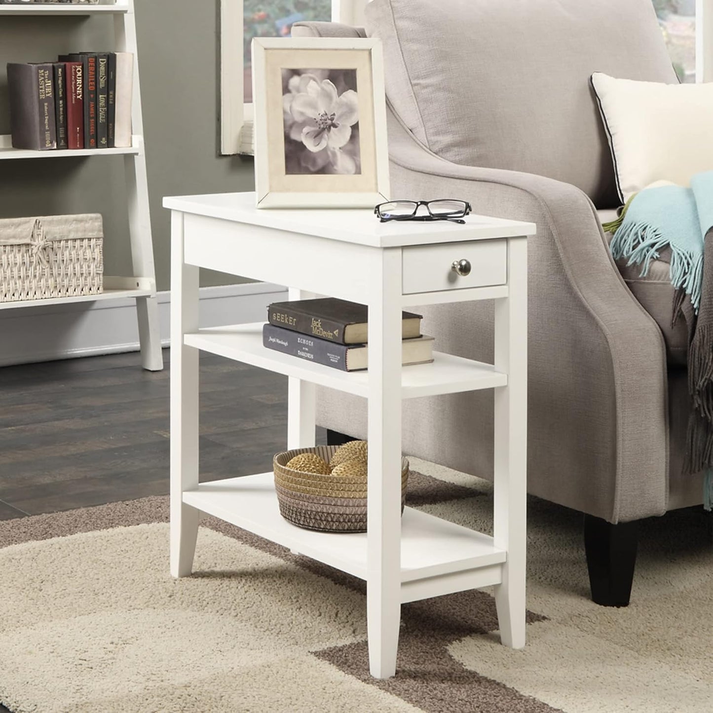 Convenience Concepts American Heritage Chairside End Table with Drawer 23.5" - Classic Living Room Table with Storage Shelf, Bedroom Nightstand, White