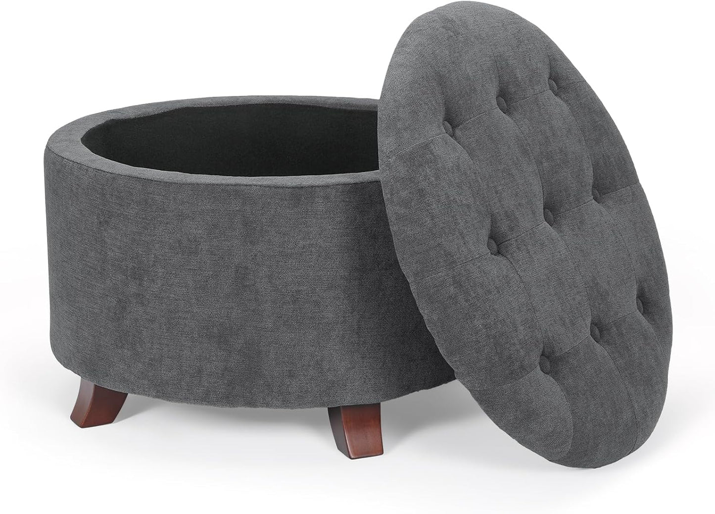 Athena Collection 24.5 Inch Small Ottoman with Storage, Round Linen Fabric Storage Ottoman Foot Rest with Removable Lid, Multipurpose Footstool Footrest for Livingroom, Bedroom, Dorm, Dark Grey