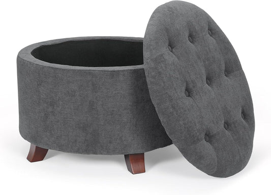 Athena Collection 24.5 Inch Small Ottoman with Storage, Round Linen Fabric Storage Ottoman Foot Rest with Removable Lid, Multipurpose Footstool Footrest for Livingroom, Bedroom, Dorm, Dark Grey